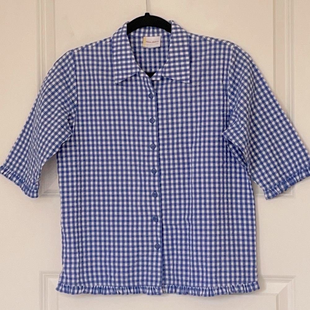 Hannah Andersson Blue Gingham Top Ruffle Hem 140
